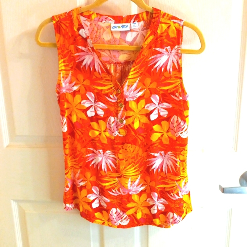 Kiwi Fresh PM Like New Sleeveless Hawaiin Print V Neck Top Shirt Blouse …